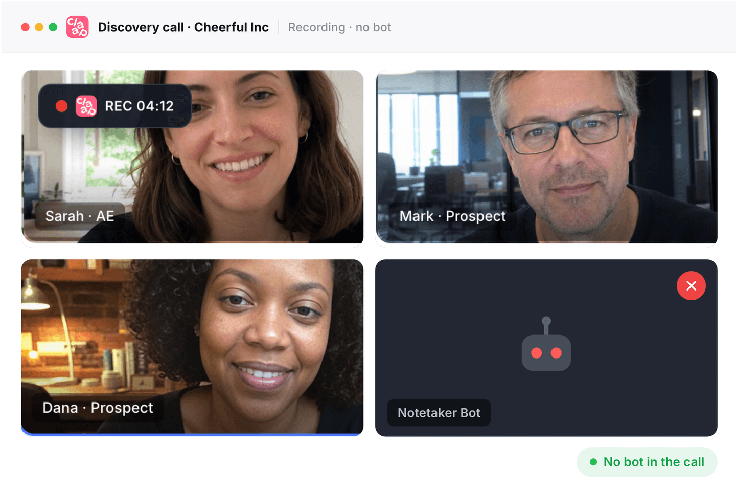 Side by side: a meeting with a recorder bot tile versus a clean Claap-captured call