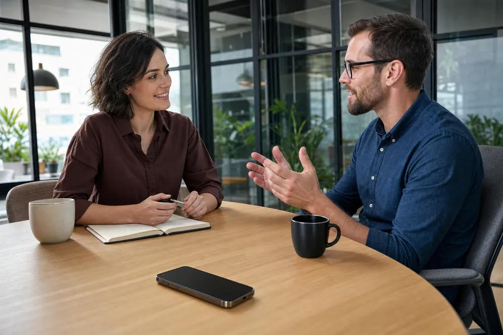 Two people talking across a table in a meeting room, a phone lying face up between them