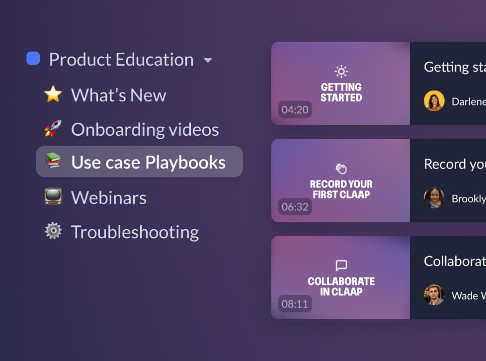 L'espace communautaire Claap, avec un canal « Product Education » regroupant les nouveautés, les vidéos d'onboarding, les playbooks par cas d'usage, les webinars et le dépannage, à côté d'une liste de guides vidéo courts.