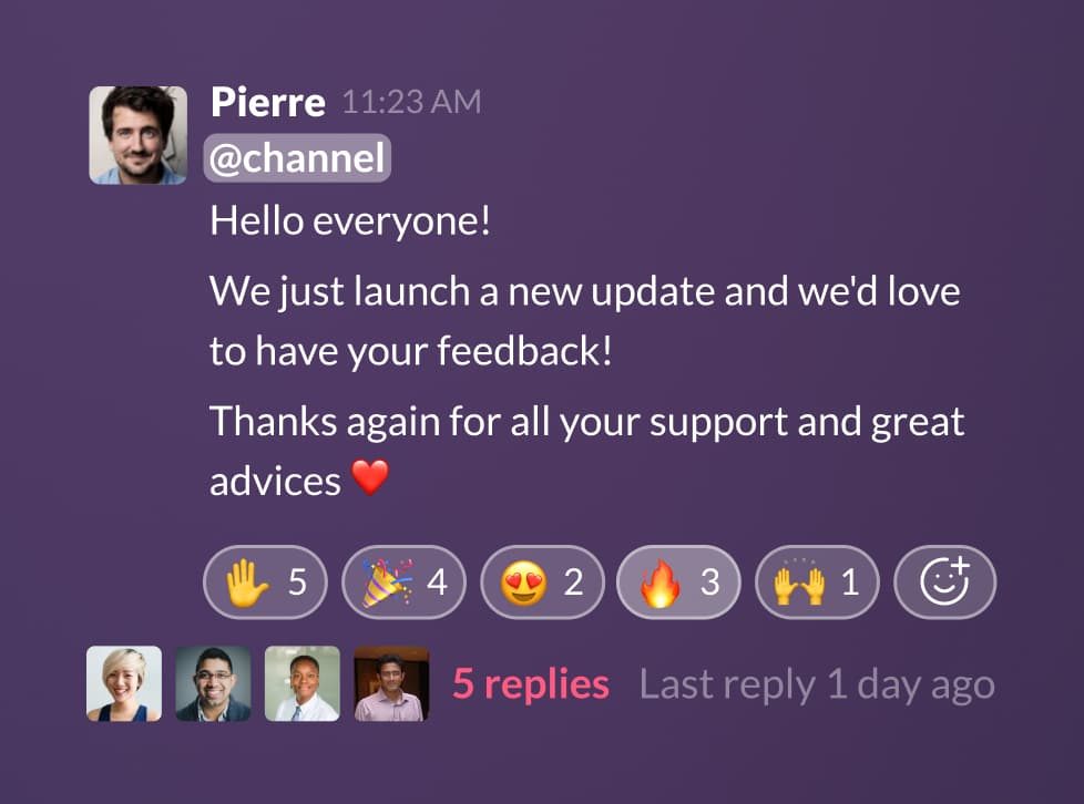 Une publication de Pierre annonçant une nouvelle mise à jour à tout le canal et sollicitant des retours, avec des réactions emoji et cinq réponses.